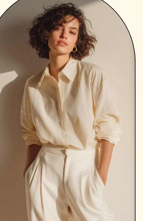 Model in an ivory shirt and trousers