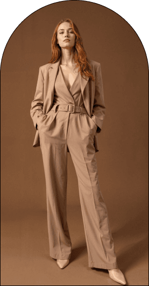 Model in a tan belted suit