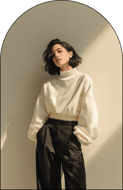 Model in a cream sweater and dark trousers